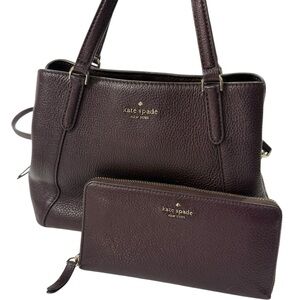 Kate Spade New York Pebbled Leather Tote Shoulder Bag + Zip Wallet Burgundy